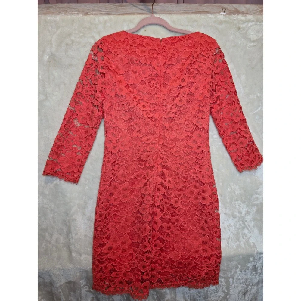 Trina Turk‎ Coral Red Floral Lace Sheath Dress 3/4 Sleeve Size 4 Cocktail Event